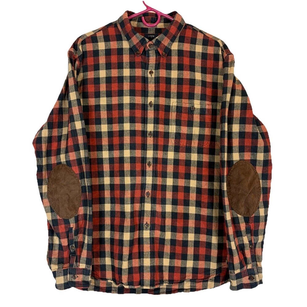 J Crew Cotton Twill L/S Button Shirt Red/Blue Plaid Suede Elbows Men’s XL